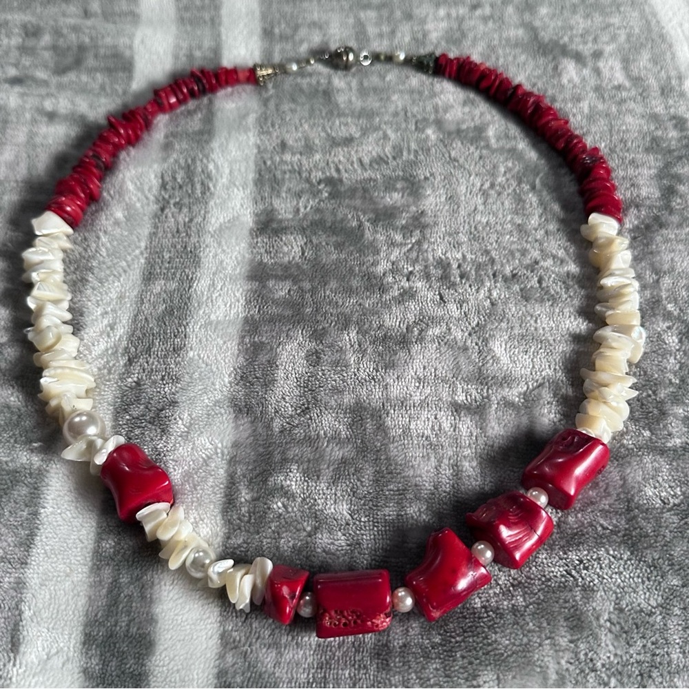 Chucky Statement Necklace 26” Long Red Coral Shells Pearls Magnetic Clasp - Picture 4 of 15